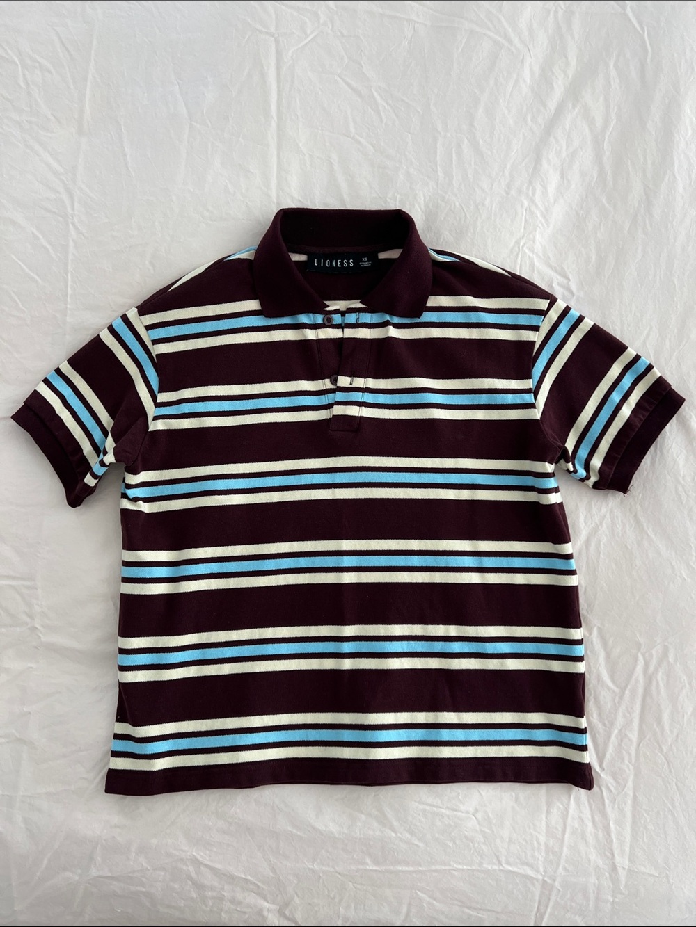 Lioness striped polo shirt 100% cotton in burgundy sky blue and butter yellow